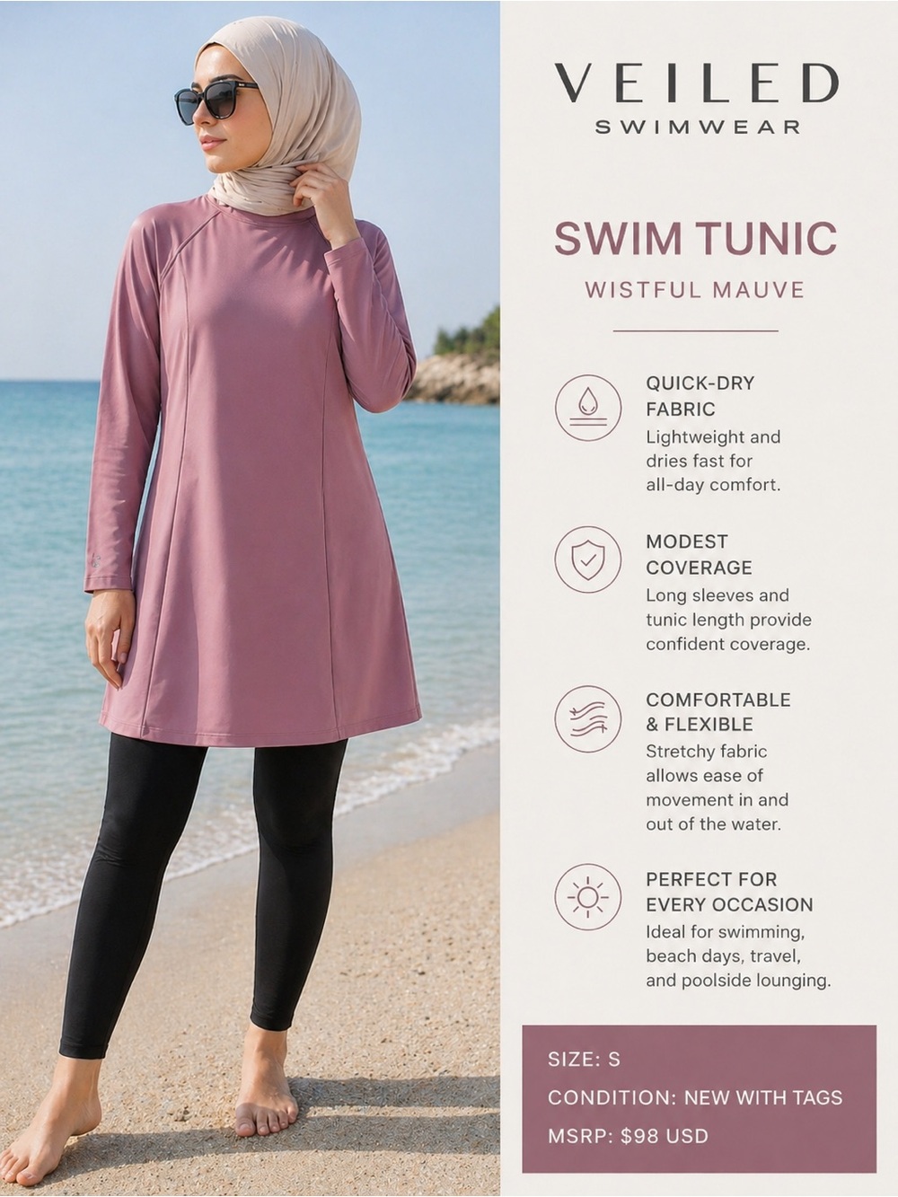 Veiled Swimwear Swim Tunic – Wistful Mauve Size S – NWT Modest Swim Top